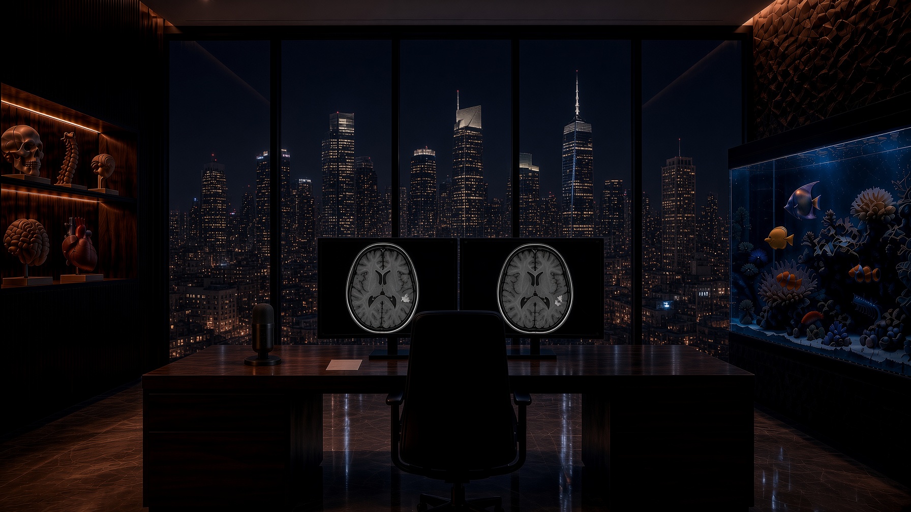 Night radiology penthouse — empty chair, axial MRI on duals